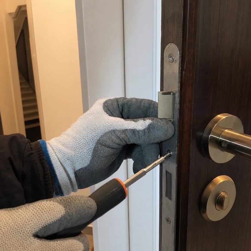 Mains réglant la gâche d'une porte d'appartement